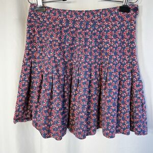 Vtg Pleated Mini Skirt Women's Sz 14 Floral Roses Multi Pink Blue Side Zip